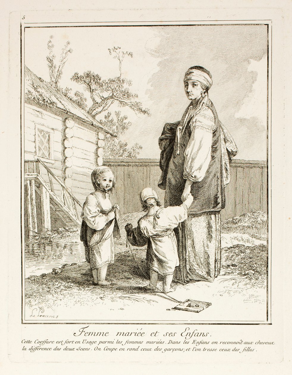 Gift kvinde og hendes børn, tallerken fem fra Divers Habillements des Peuples du Nord af Jean-Baptiste Le Prince