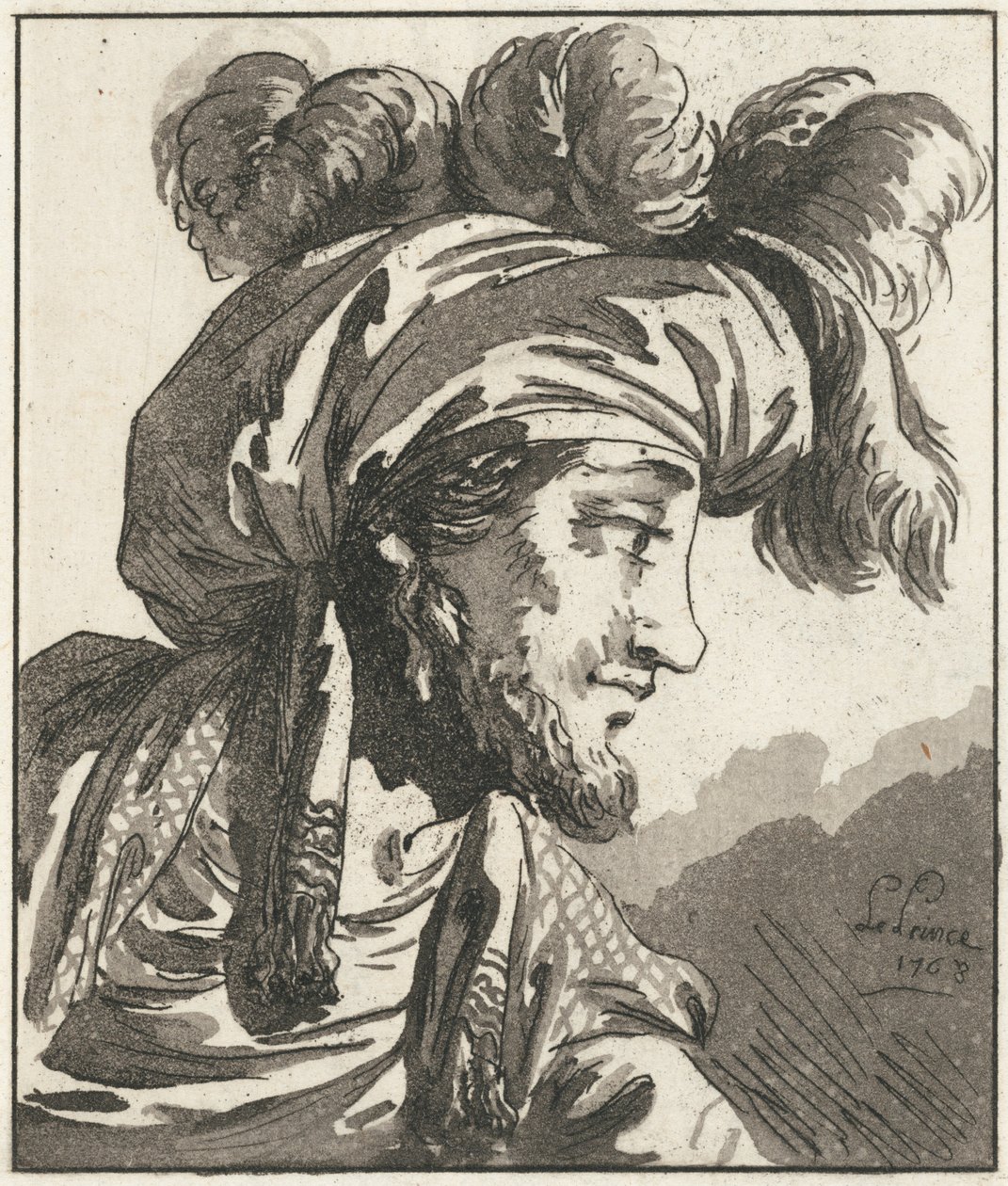Hovedet af en mand med turban og uden overskæg af Jean-Baptiste Le Prince