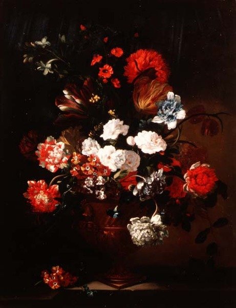 Stilleben af nelliker, tulipaner, pæoner og andre blomster af Jean Baptiste Monnoyer
