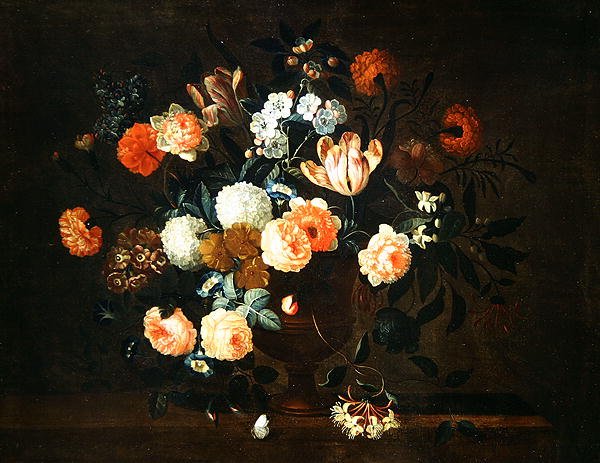 Vase med blomster og insekter (olie på lærred) af Jean Baptiste Monnoyer