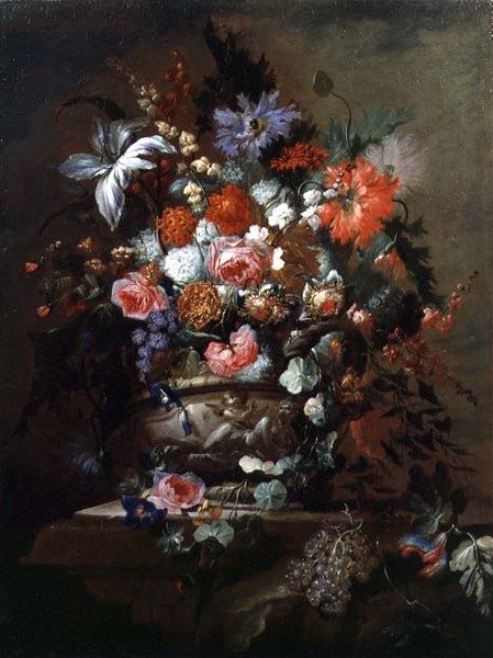 Stilleben med blomster og druer (olie på lærred) af Jean Baptiste Morel
