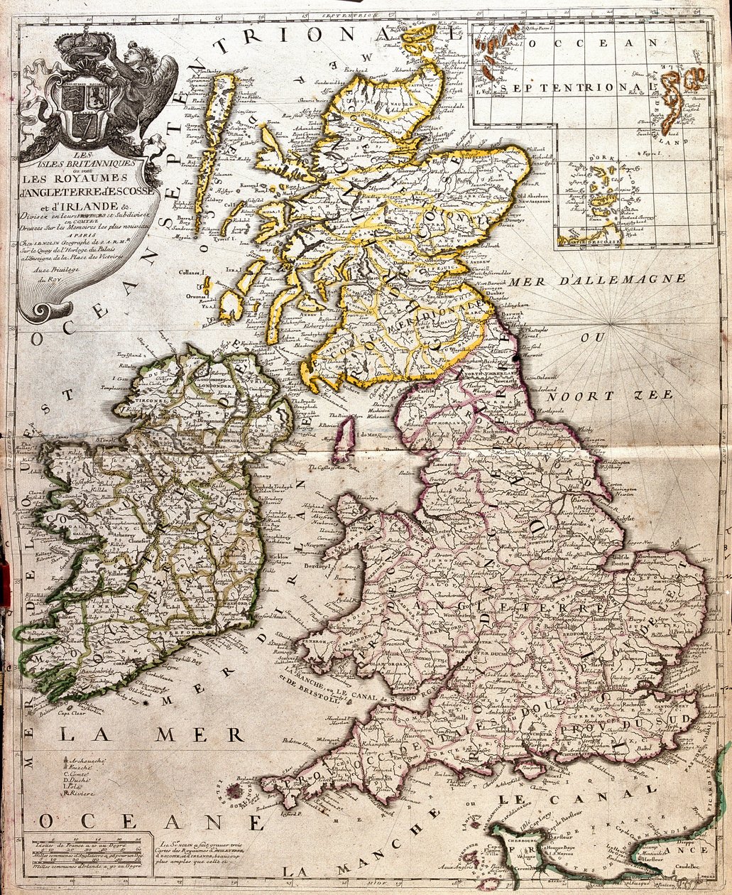 Kort over kongerigerne England, Skotland og Irland (Storbritannien) (Gravering af Jean Baptiste Nolin