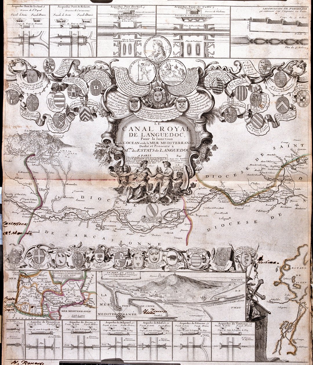Projekt til anlæggelse af en kommunikationskanal mellem Atlanterhavet og Middelhavet, inklusive en del omtrent mellem Pexiora og Ouveillan; i regionen Languedoc-Roussillon, Frankrig. af Jean Baptiste Nolin