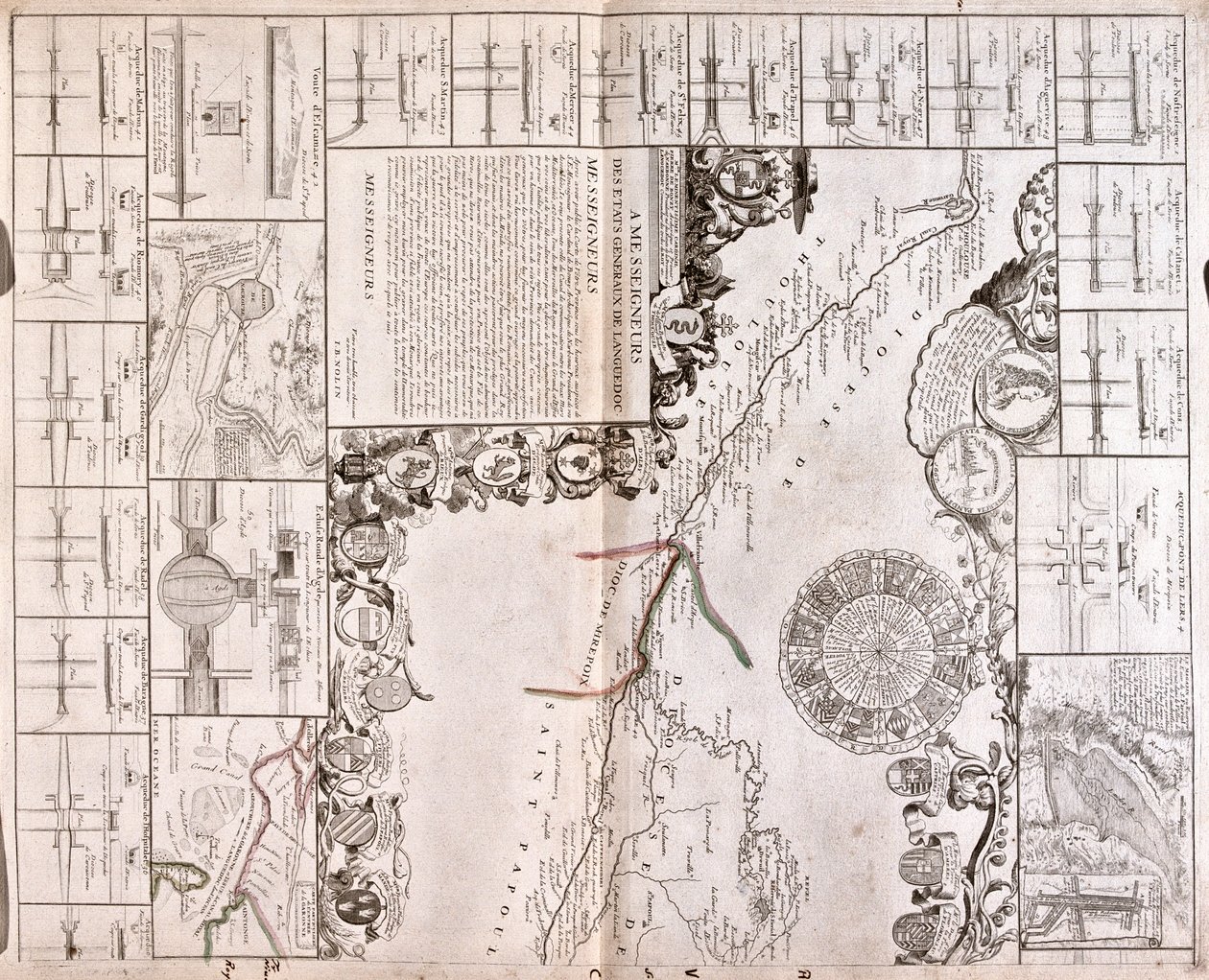 Projekt til anlæggelse af en kommunikationskanal mellem Atlanterhavet og Middelhavet, inklusive en del omtrent mellem Toulouse og Pexiora; i regionerne Midi-Pyrénées og Languedoc-Roussillon, Frankrig. af Jean Baptiste Nolin