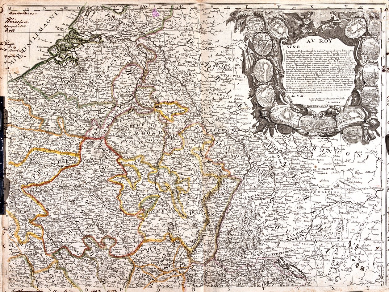 Det sydlige Holland, Belgien, Frankrig (Region: Nord-Pas-de-Calais, Picardie, Île-de-France, østlige Centre, nordlige Bourgogne, nordlige Fanche-Comté, Champagne-Ardenne, Lorraine, Alsace), Schweiz (Kanton: Jura, Basel-Stadt, Basel-Lapd, Solothurn, Aargau, af Jean-Baptiste Nolin