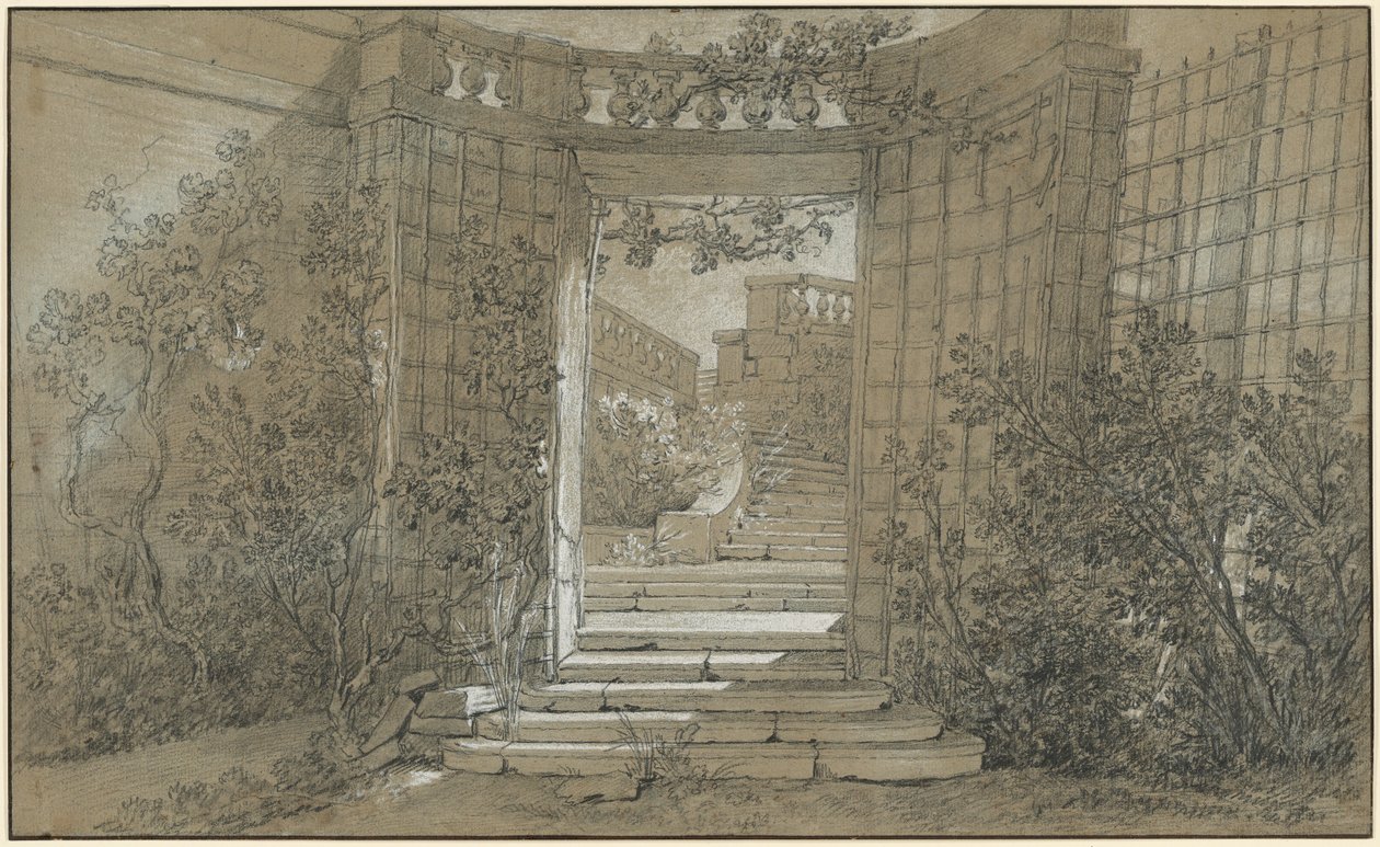 Landskab med en trappe og en balustrade af Jean-Baptiste Oudry