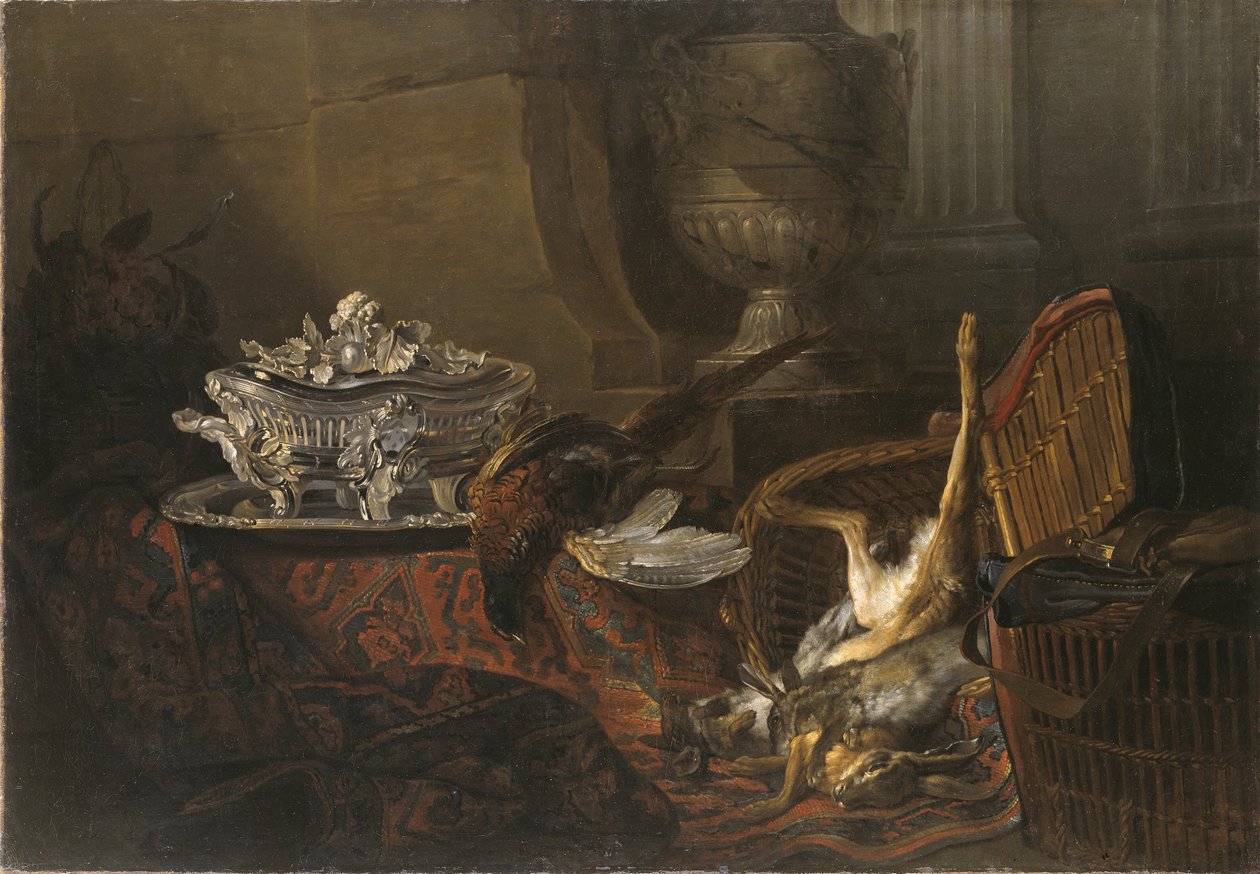 Stilleben med dødt vildt og en sølvterrine på et tyrkisk tæppe af Jean-Baptiste Oudry