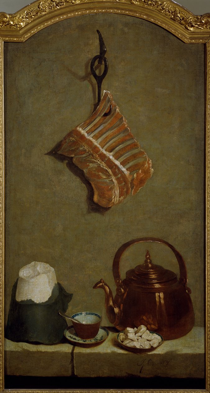Stilleben med kvart kød, sukkerbrød, kobberkedel og kop, af Jean-Baptiste Oudry (1686-1755) af Jean Baptiste Oudry