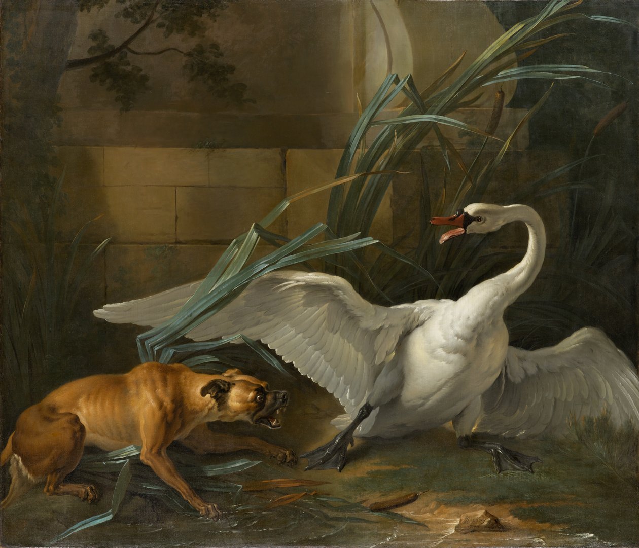 Svane angrebet af en hund af Jean Baptiste Oudry