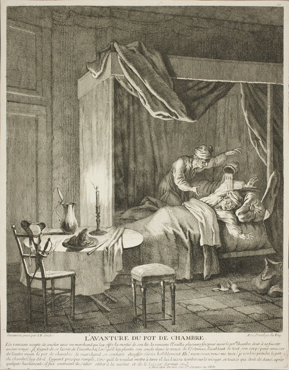 The Adventure of the Chamber Pot, planche fire fra Scènes du Roman Comique af Jean-Baptiste Oudry