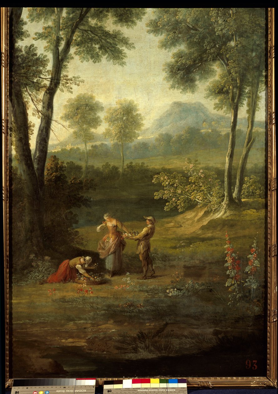De fem sanser: "" lugten"" Detalje af et dekorativt panel af Jean Baptiste Oudry (1686-1755) 1749 Versailles, musee du chateau. af Jean Baptiste Oudry