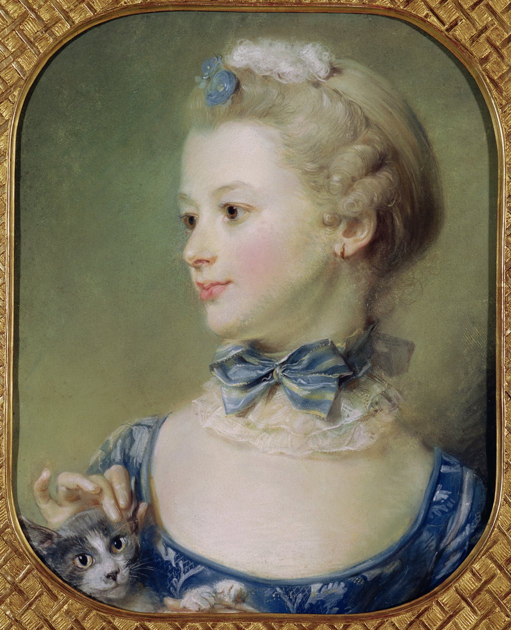 Ung pige med en kat (pastel på pergament) af Jean Baptiste Perronneau