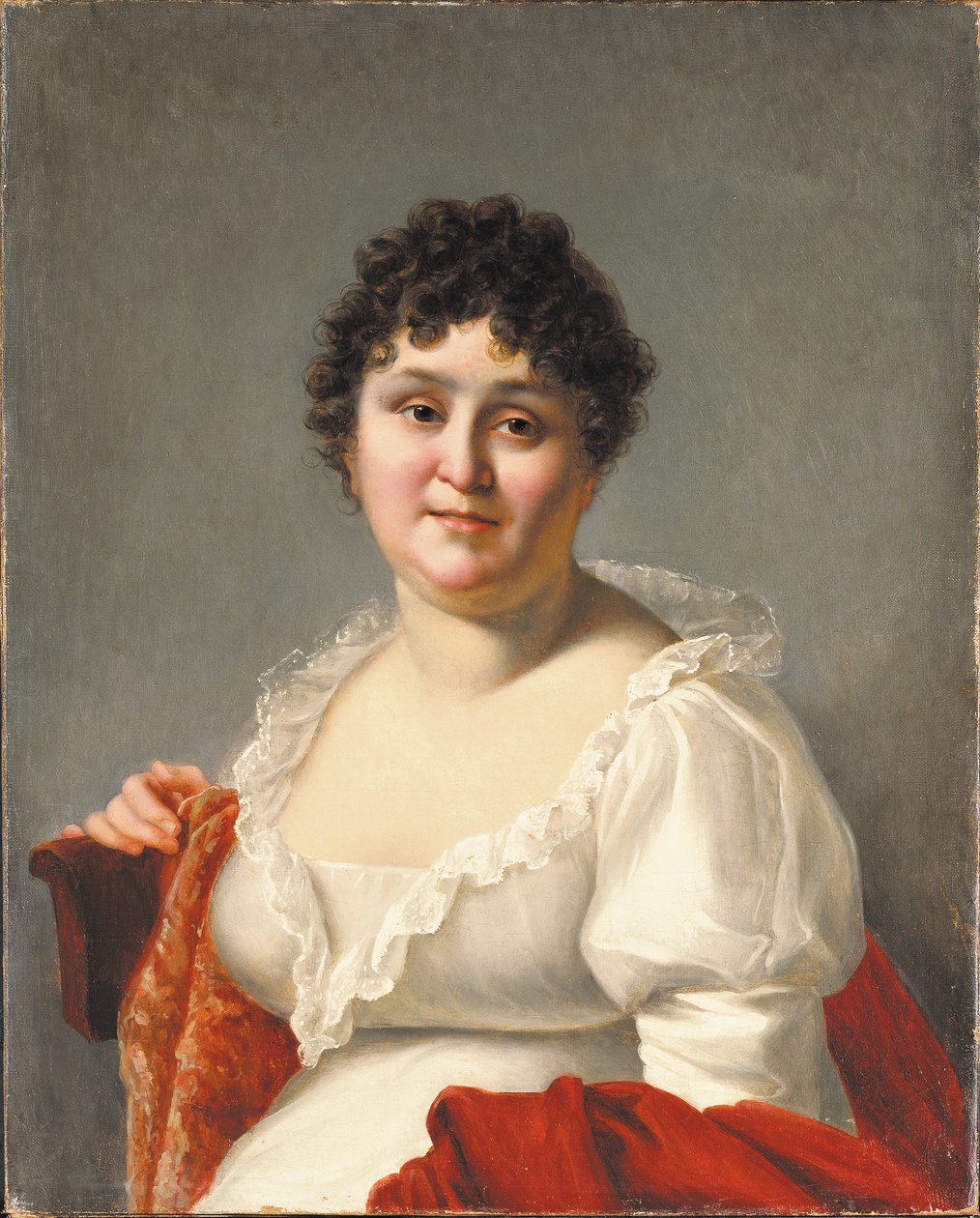 Portræt af Madame Regnault, brystlængde, i hvid kjole og persimmon sjal (olie på lærred) af Jean Baptiste Regnault