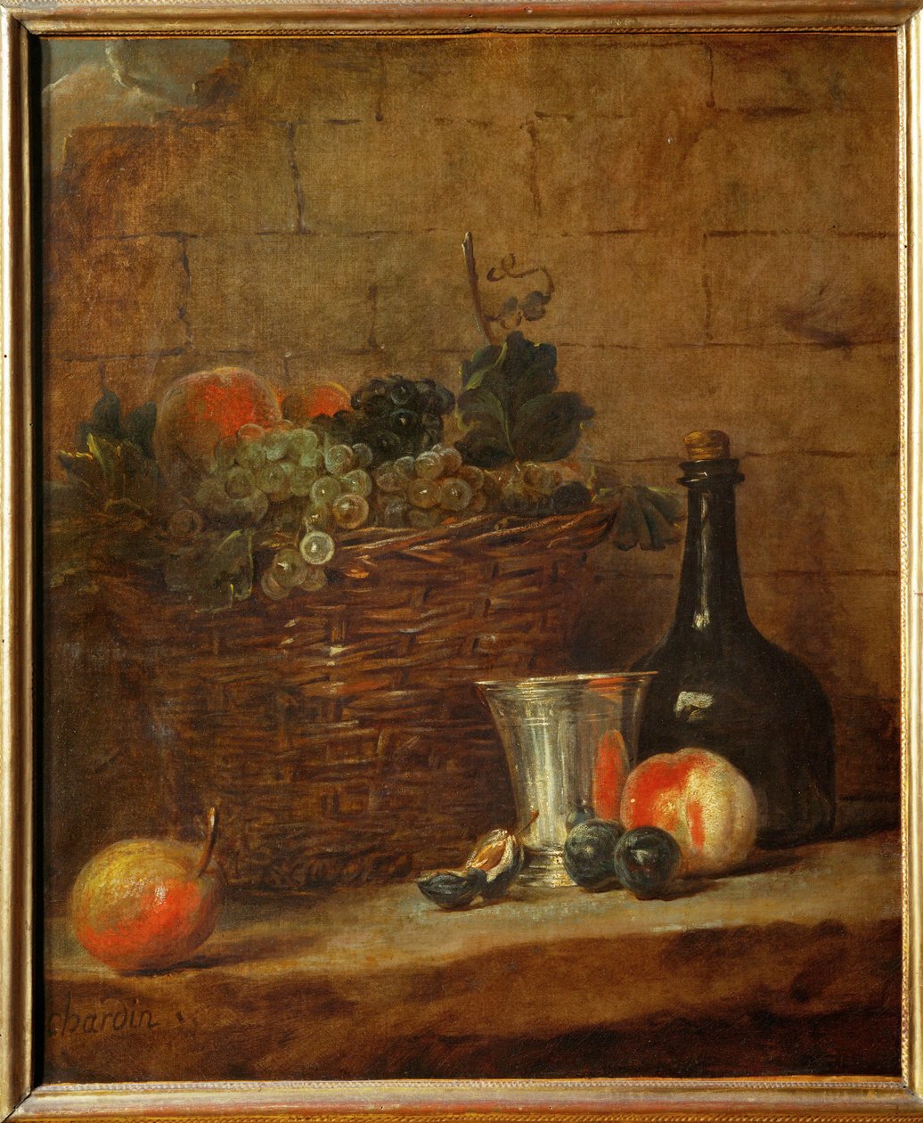 Frugtkurv med vindruer, et sølvbæger og en flaske, ferskner ... af Jean Baptiste Simeon Chardin