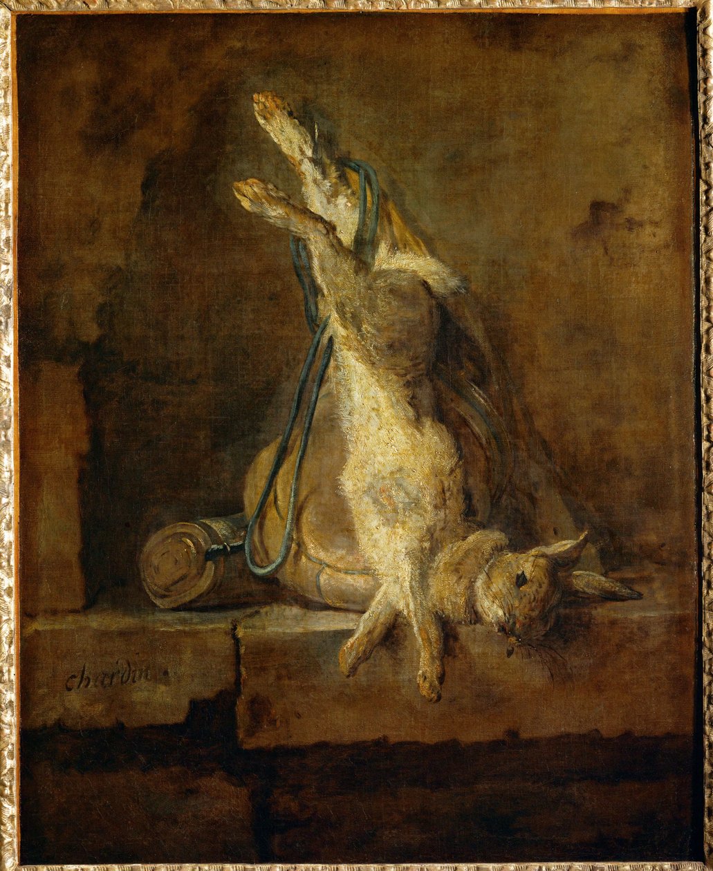 Lapin de Garenne mort avec une gibeciere et une poire a poudre - død hare med vildtpose og krudtflaske ... af Jean Baptiste Simeon Chardin