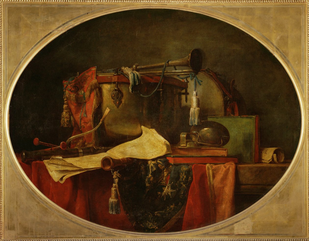 Les attributs de la musique guerriere - Krigsmusikkens egenskaber, supraporte til Chateau de Bellevue1767 ... af Jean-Baptiste Simeon Chardin