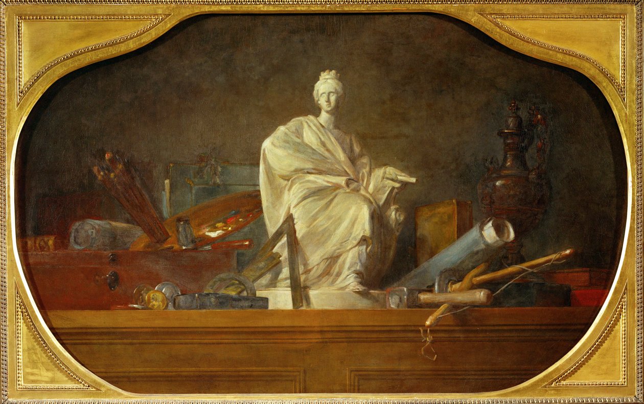 Les attributs des arts - kunstens egenskaber, ledsager til 40-12-16/29, en af tre supraportier til Chateau de Choisy ... af Jean Baptiste Simeon Chardin