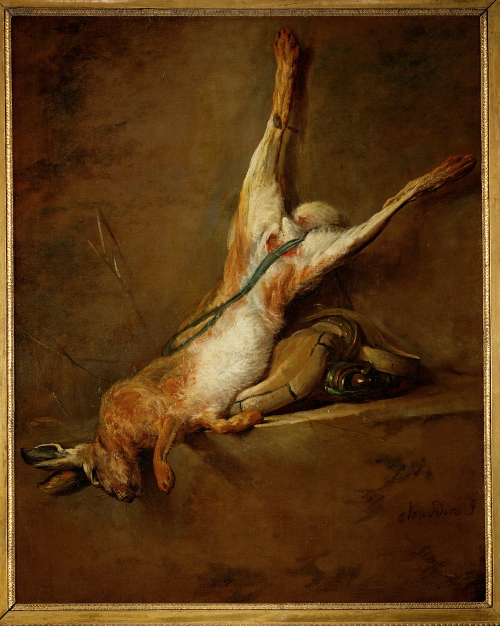 Død hare med krudtflaske og vildt... af Jean-Baptiste Simeon Chardin