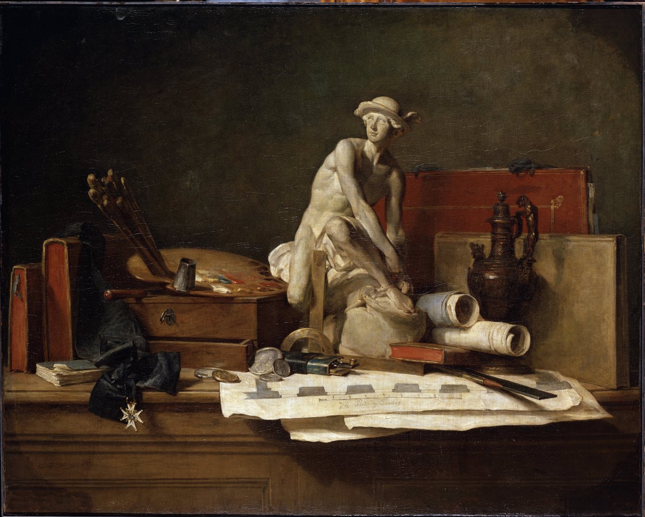 ""Still Life with Attributes of the Arts"" (Still Life with Attributes of the Arts) Kviksølvskulptur beklædt med en petasus, malerpalet, bøger. Maleri af Jean Baptiste Simeon Chardin (1699-1779) Mål 112x140,5 cm Eremitagemuseet, Sankt Petersbo af Jean Baptiste Simeon Chardin