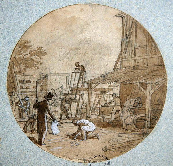 Tømrerværkstedet, pladedesign til en tjeneste, der afbilder forskellige håndværk, ca. 1820-35 (pen & blæk og vask og gouache på papir) af Jean Charles Develly