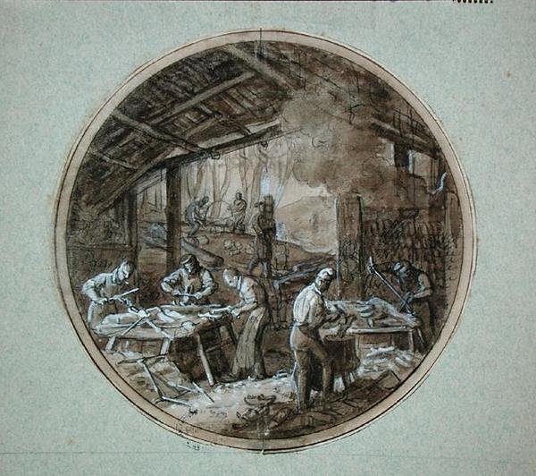 Træskomagernes værksted, pladedesign til en tjeneste, der viser forskellige håndværk, ca. 1820-35 (pen & blæk og vask og gouache på papir) af Jean Charles Develly