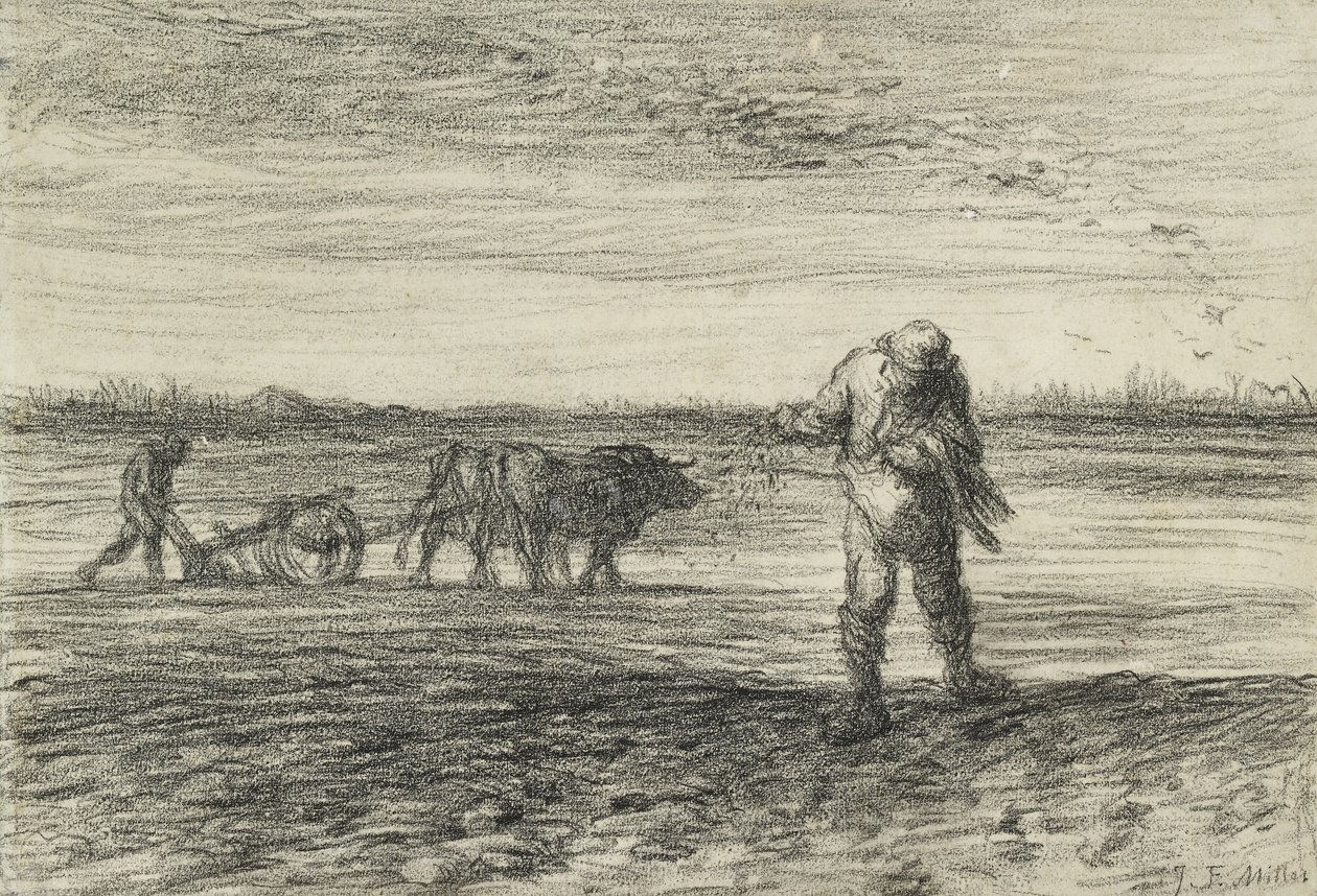 Man pløjer og endnu en såning, 1849 - 1852 (sort farveblyant på vævet papir) af Jean Francois Millet