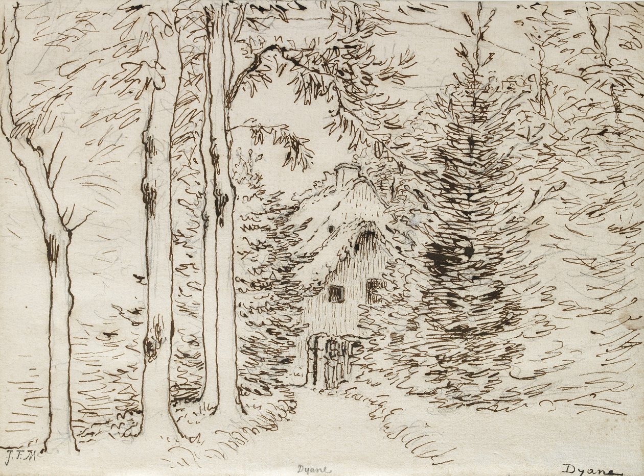 Sti gennem skoven til et stråtækt hus, 1866 (grafit, pen og brun blæk på papir) af Jean Francois Millet