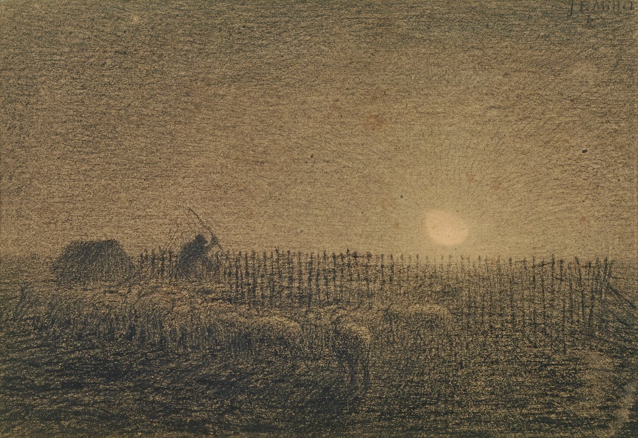 Hyrden ved folden ved måneskin (kul på papir) af Jean Francois Millet