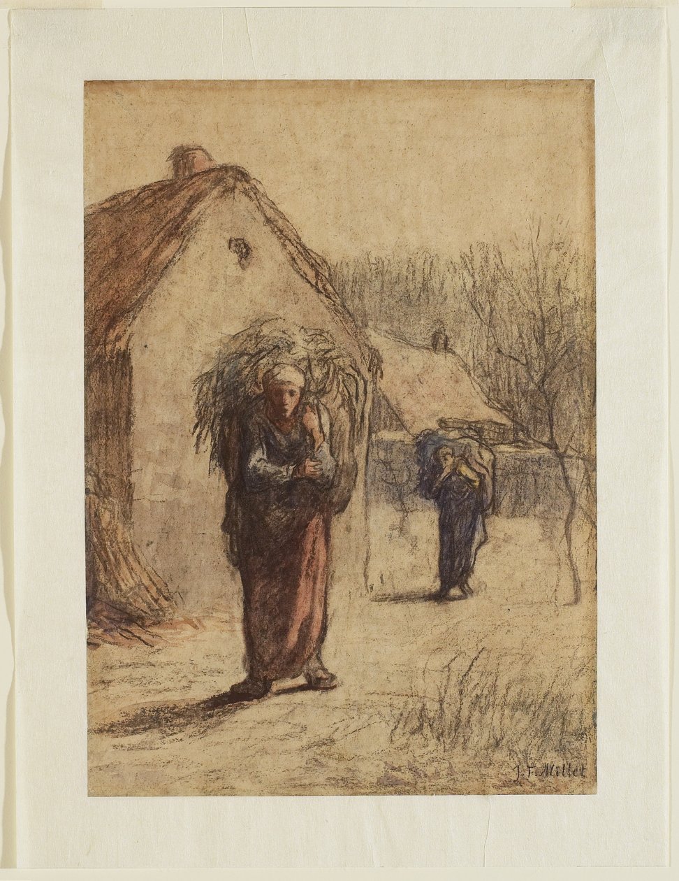 Kvinder bærer læs med tørret græs ved indgangen til en landsby, 1850