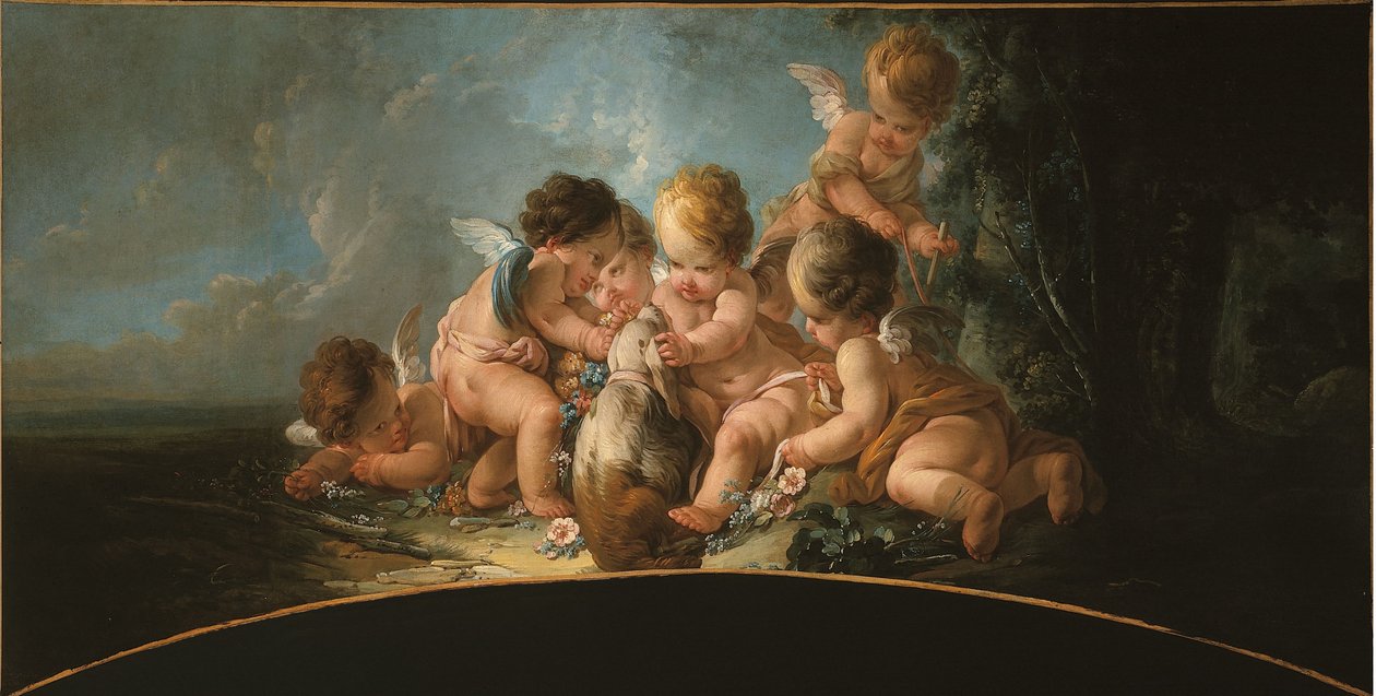 Gruppe af seks elskende, der leger med en hund, ca. 1761 (dør øverst) af Jean Francois Clermont
