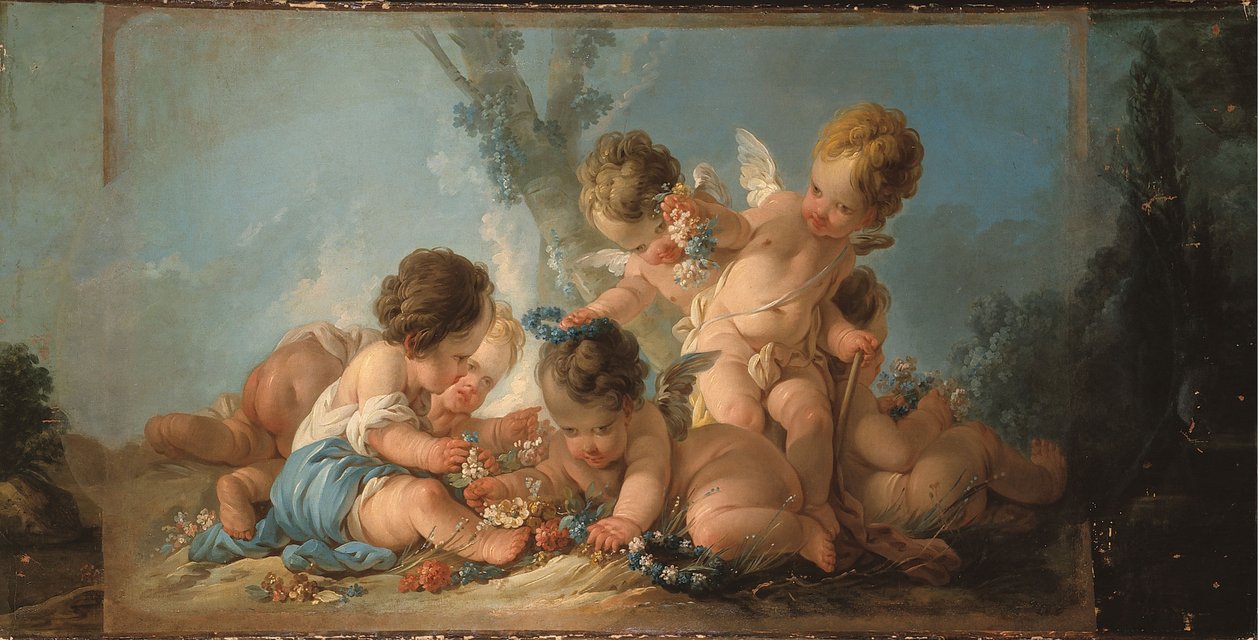 Gruppe af seks elskende, der leger med blomster, ca. 1761 (dør øverst) af Jean Francois Clermont