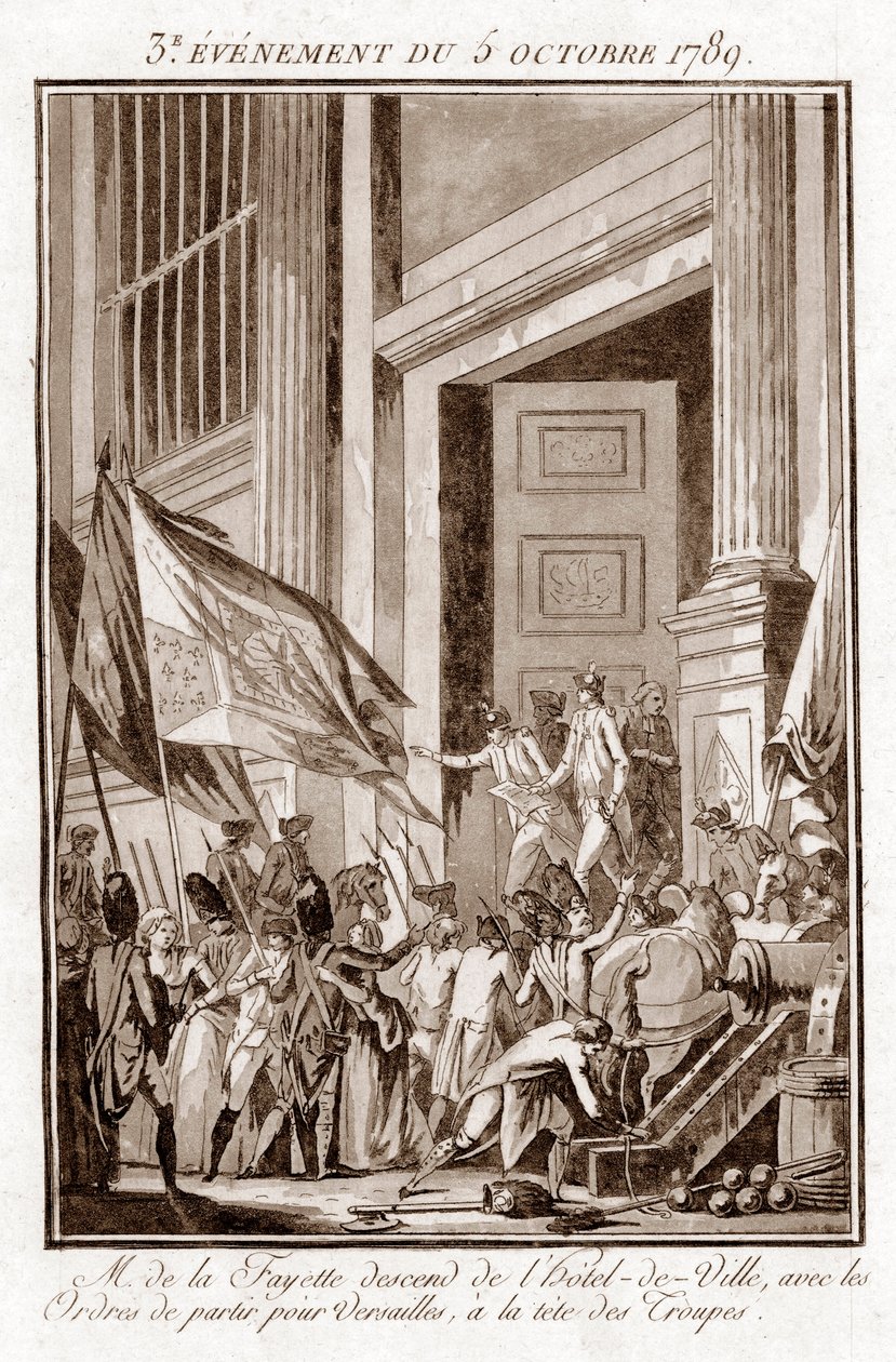 Den Franske Revolution - La Fayette forlader Paris Rådhus for at tage til Versailles den 5. oktober af Jean Francois Janinet