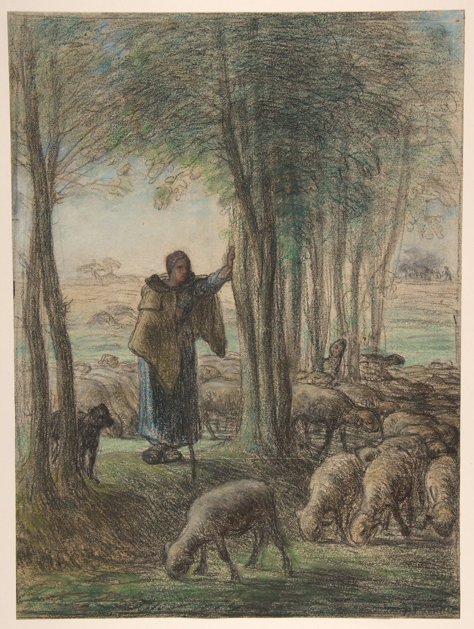 Eine Schäferin und ihre Herde im Schatten der Bäume af Jean-Francois Millet