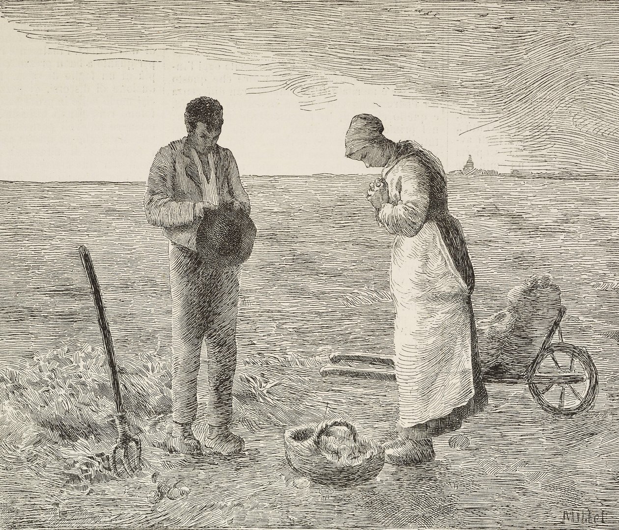 Angelus, par landmænd på marker, gravering fra maleri af Jean-Francois Millet (1814-1875), fransk maler, fra L
