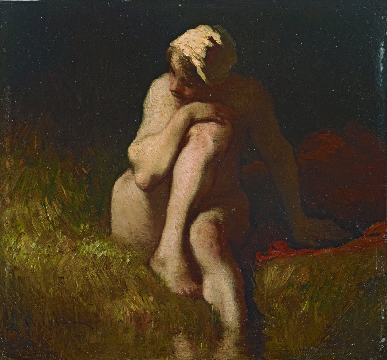 Nacktes Bauernmädchen an der Böschung eines Baches sitzend af Jean-Francois Millet