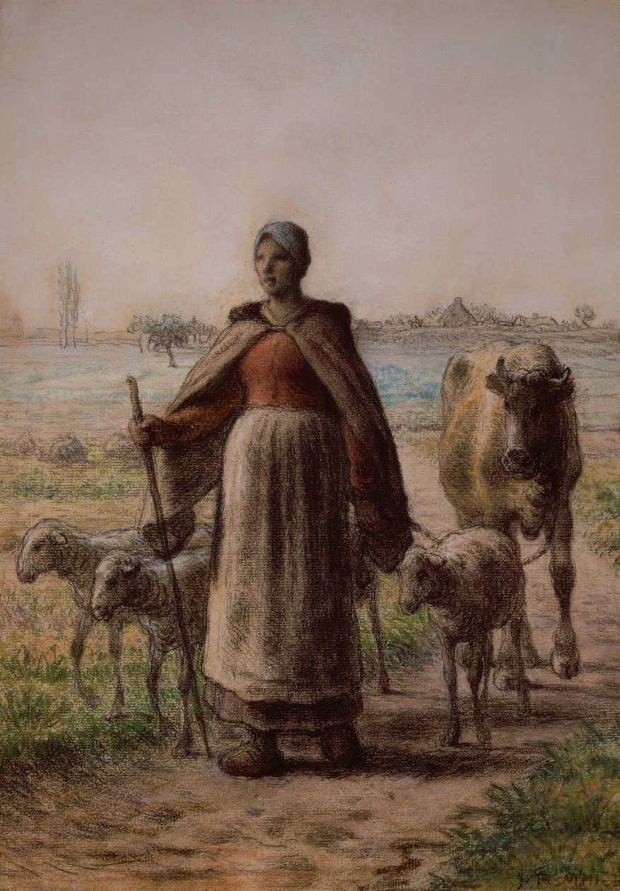 Bonde fører sin ko og får til markerne af Jean Francois Millet