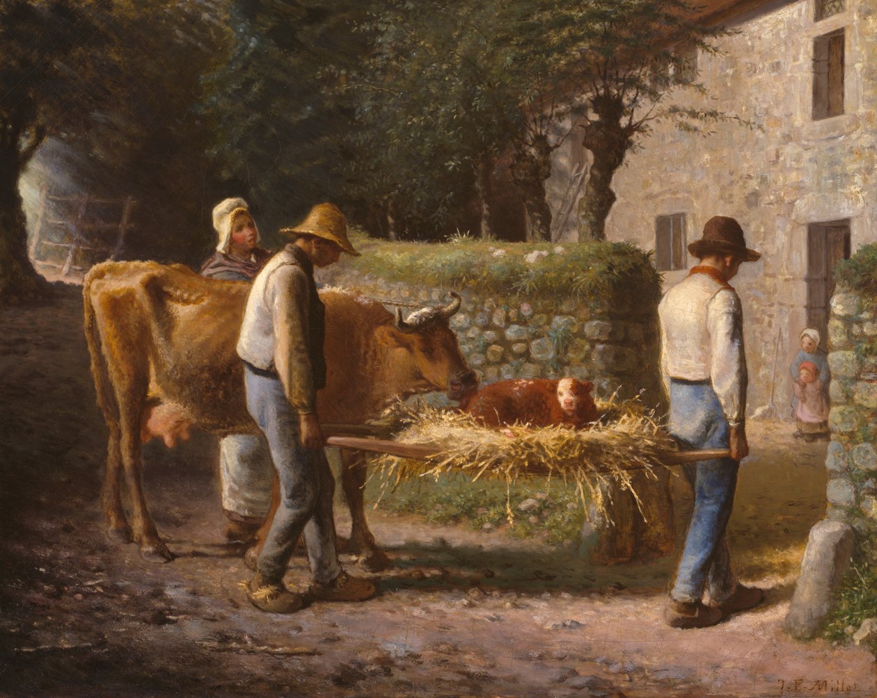Bønder bringer en kalv, der er født på marken, hjem af Jean-Francois Millet
