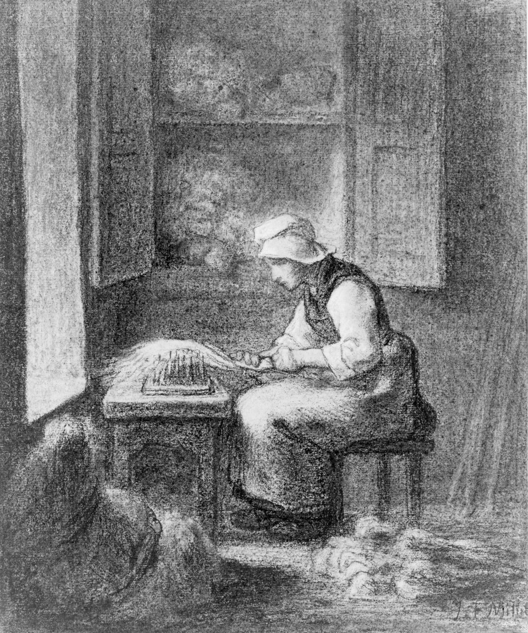 The Carder, ca. 1854 (farvekridt på papir) af Jean-Francois Millet