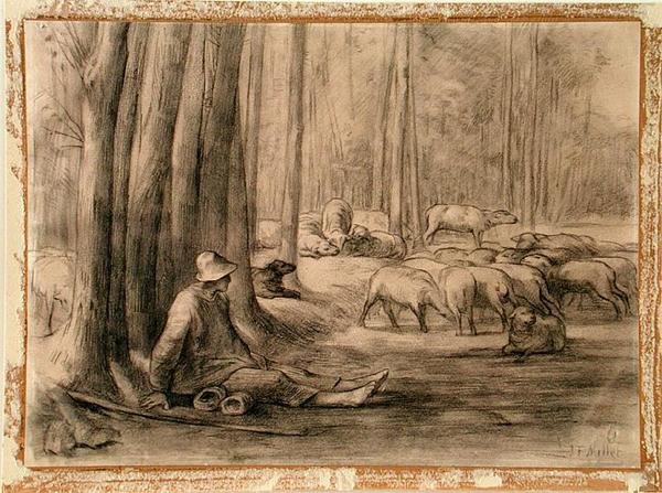 Drikkestedet i skoven (sort kridt på papir) af Jean Francois Millet