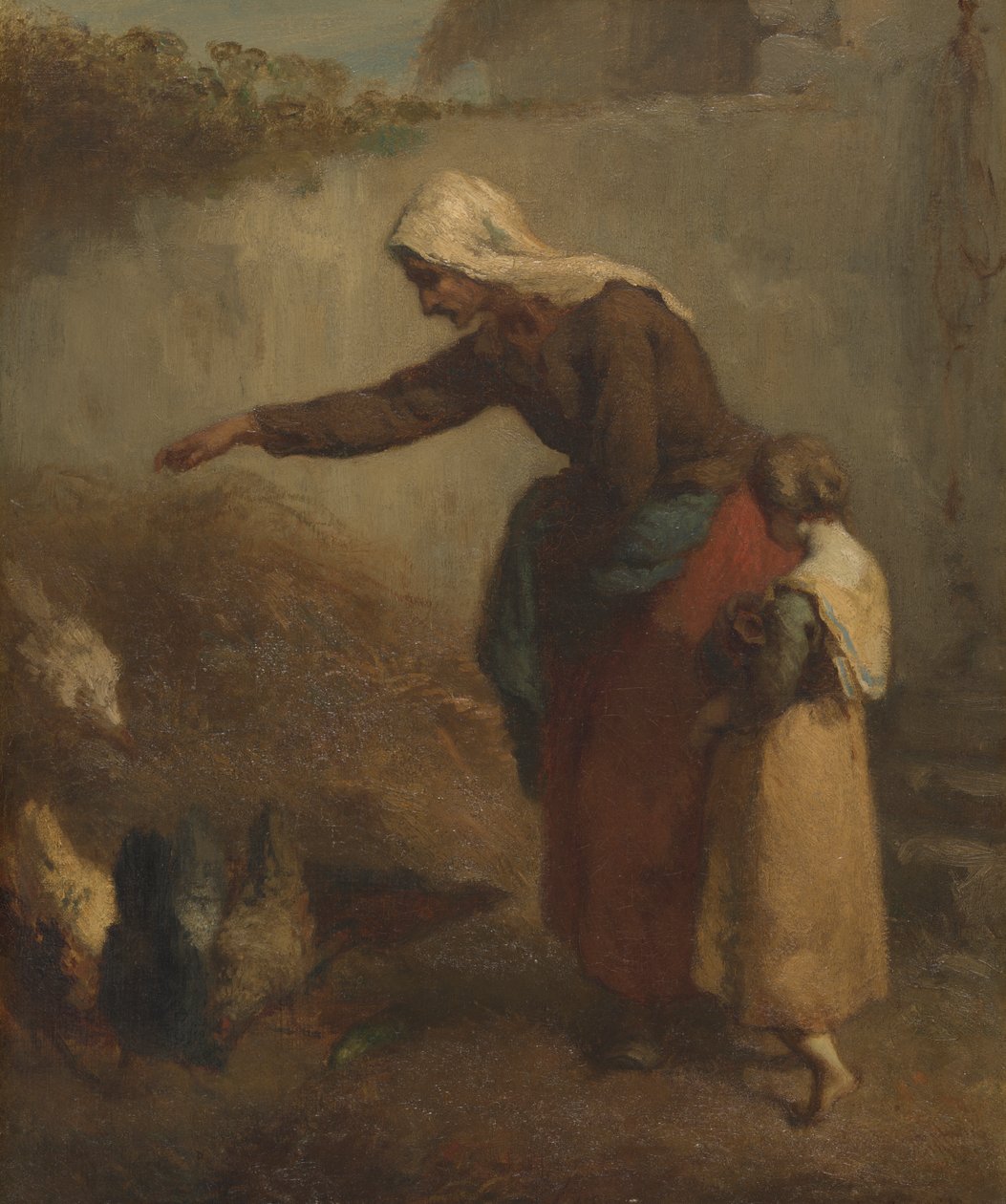 Kvinde fodrer høns af Jean-Francois Millet