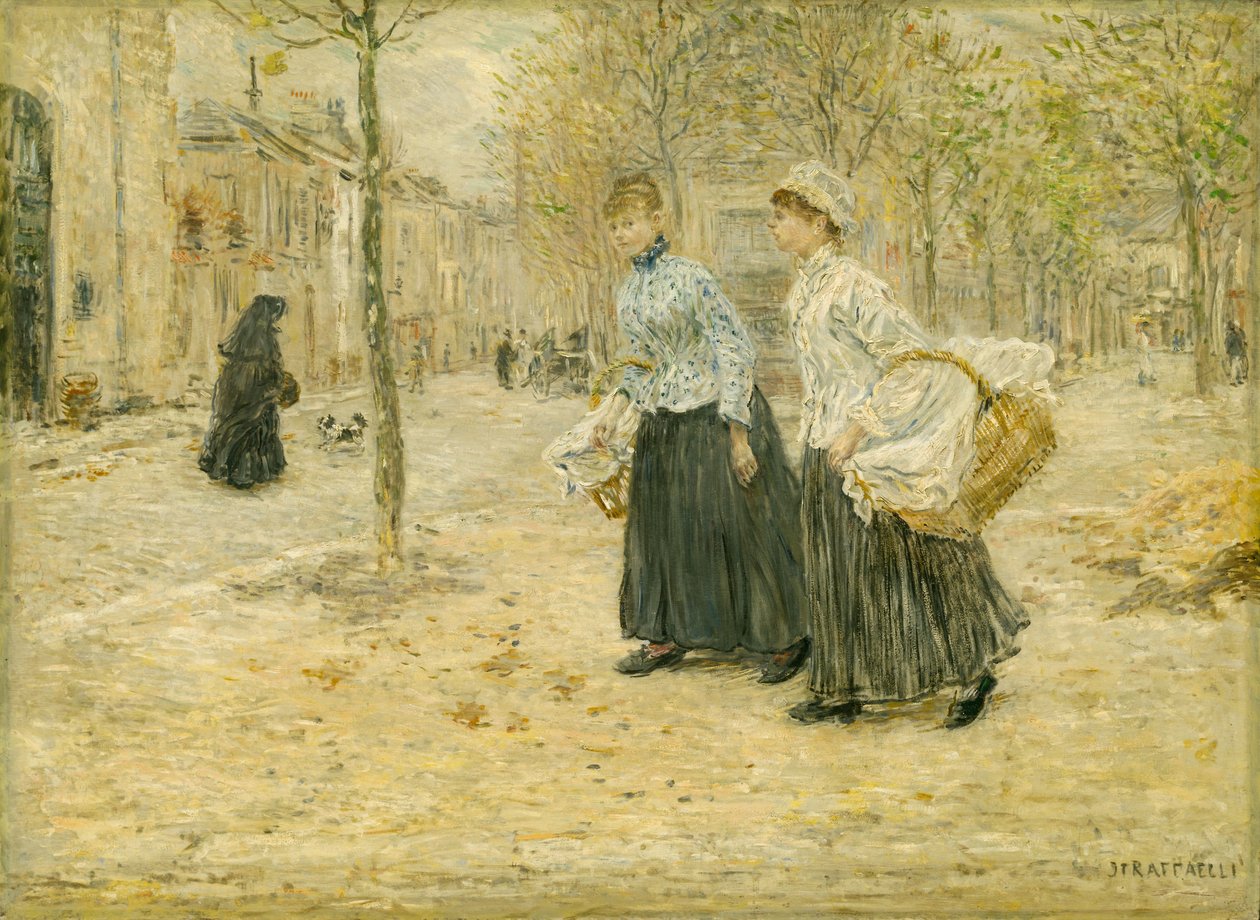 To vaskekoner krydser en lille park i Paris, ca. 1890 (olie på panel) af Jean Francois Rafaelli