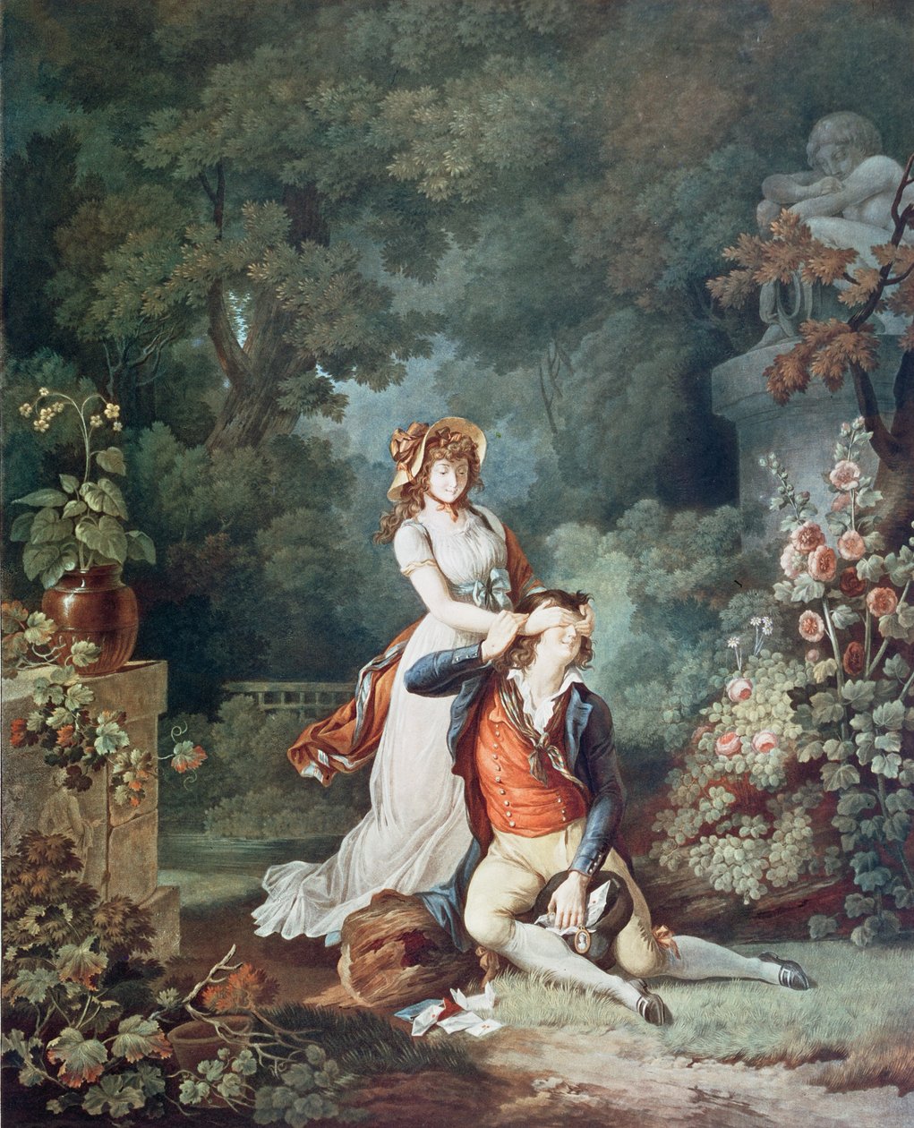 The Lover Surprised, graveret af Charles Melchior Descourtis (1753-1820) (farvegravering) af Jean Frederic (after) Schall