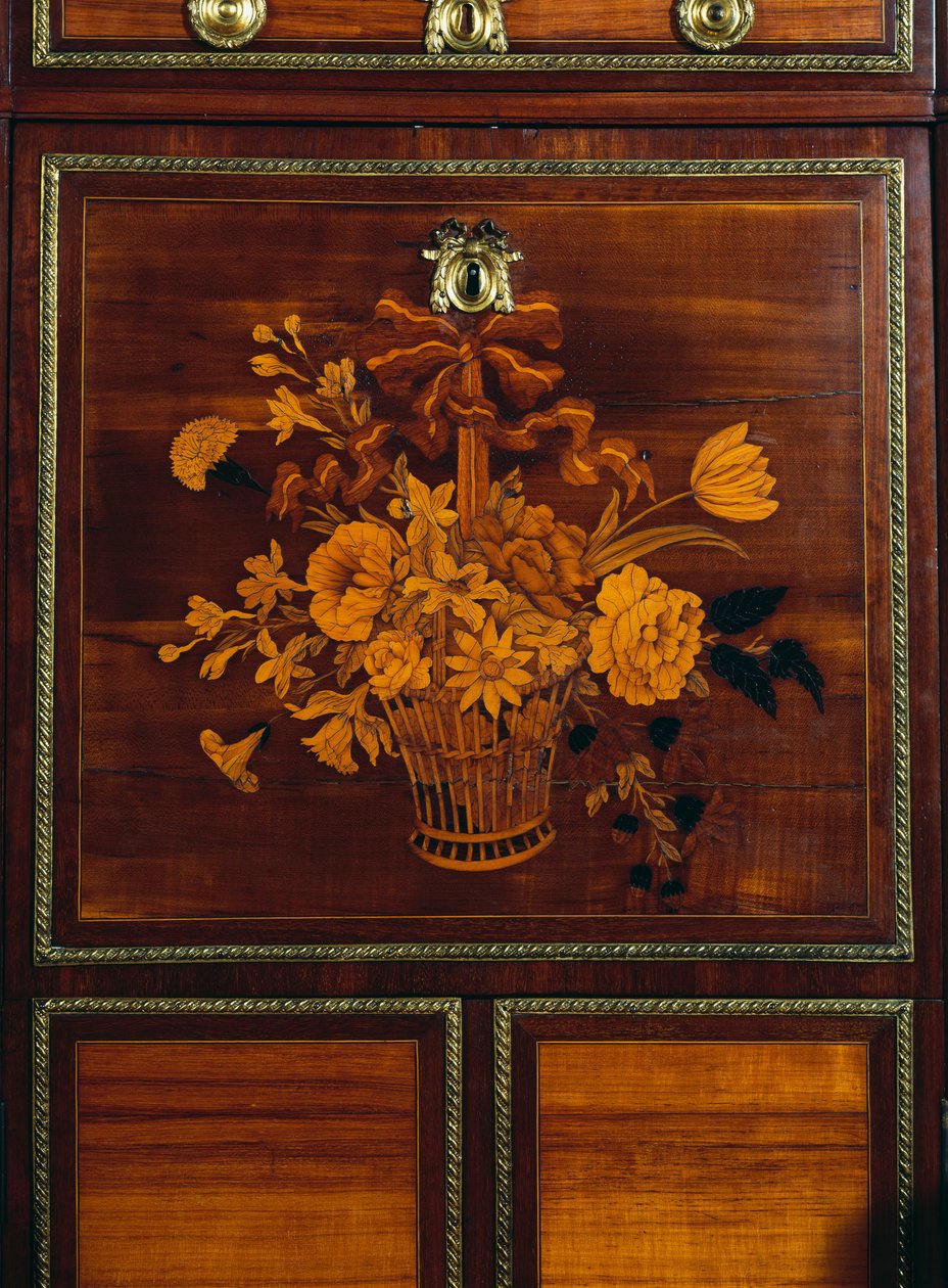 Kurv med blomster, detalje fra indlægget på Louis XVI stil satintræ og amaranth skrivebord, signeret af Jean-Henri Rieser (1734-1806), Frankrig af Jean Henri Riesener