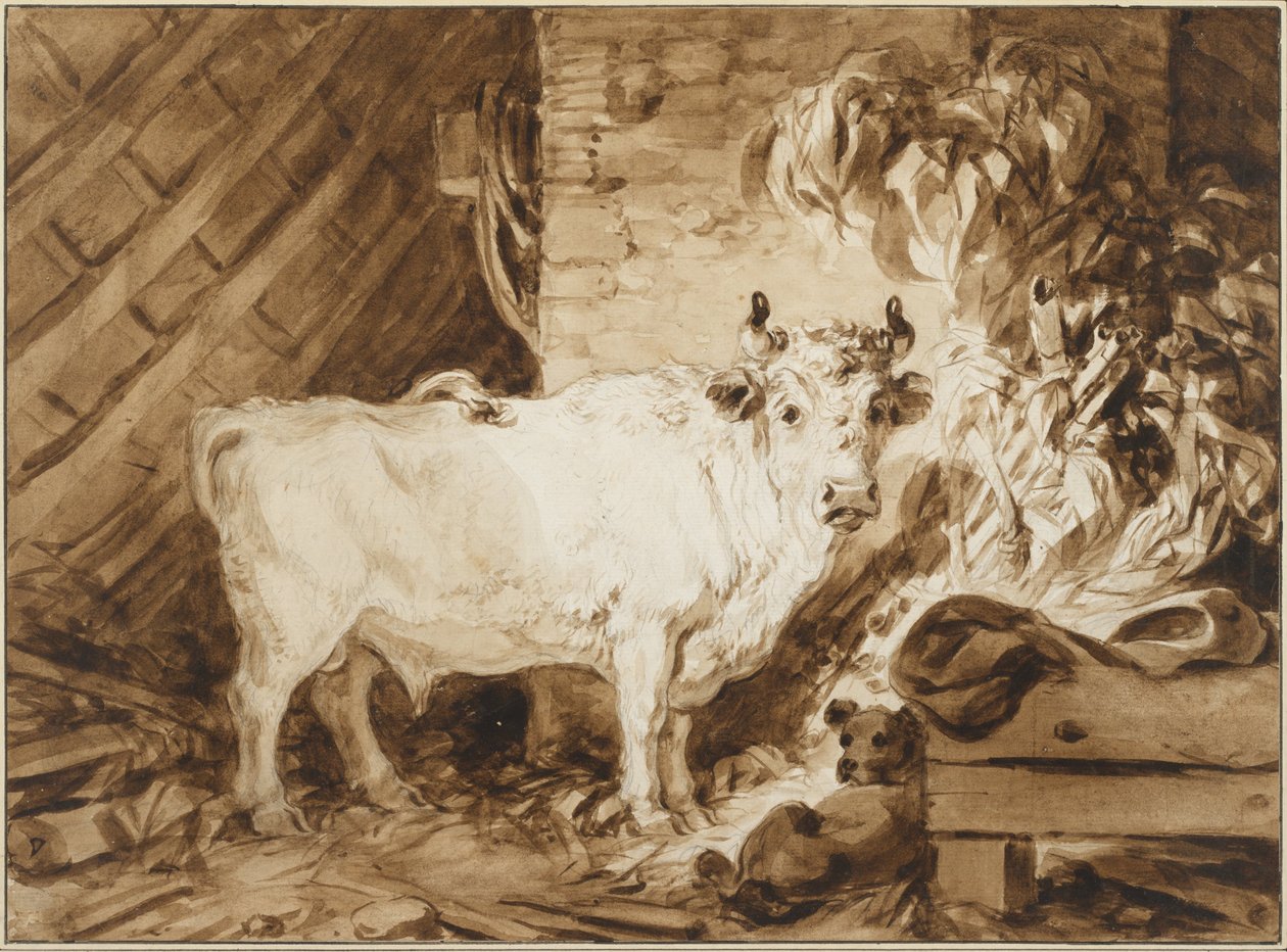 Hvid tyr og en hund i en stald af Jean Honore Fragonard