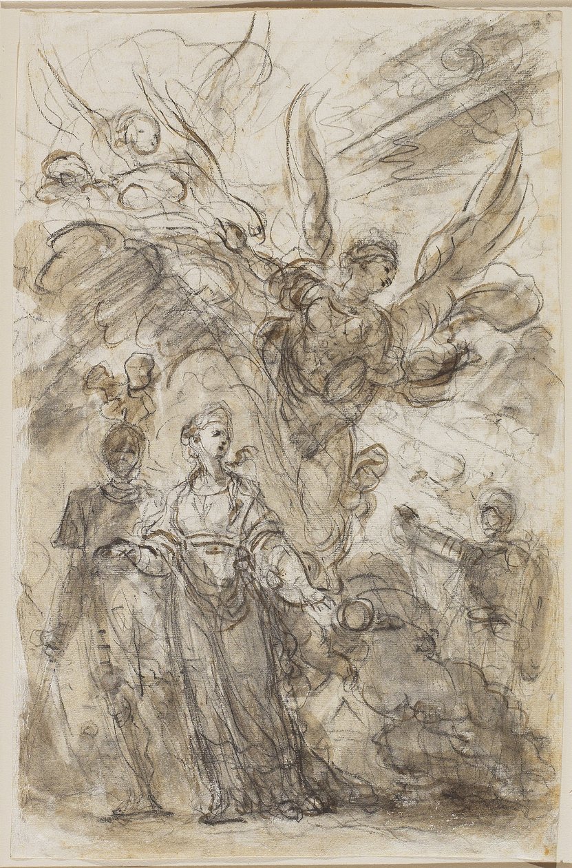Charlemagne fører Angelica væk fra Roland, ca. 1785 (sort kridt & brun vask med spor af grafit på lagt papir) af Jean Honore Fragonard