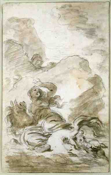 Angelica når kysten, hvor eneboeren ligger i vente (kridt, pen, blæk og vask på papir) af Jean Honore Fragonard