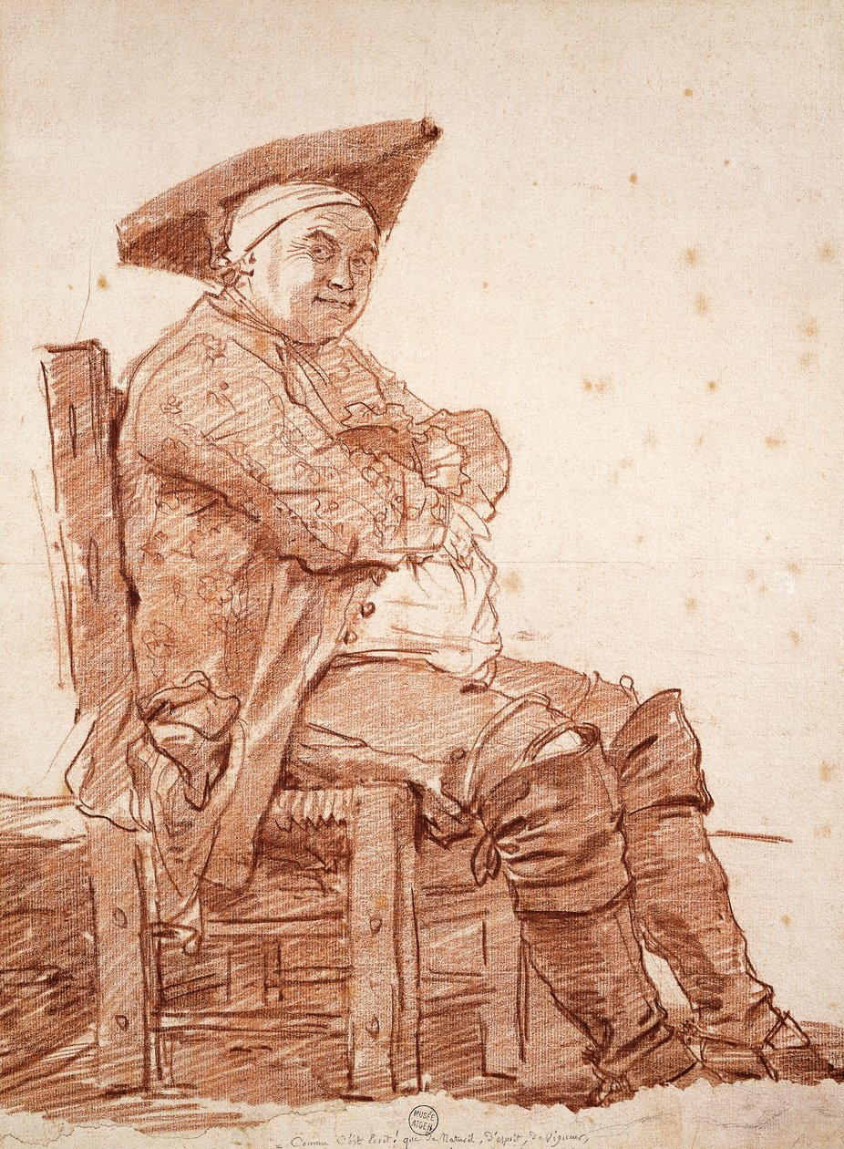 Portræt af siddende mand, kendt som Postiglione, af Jean Honore Fragonard (1732-1806), sangvinsk tegning af Jean Honore Fragonard