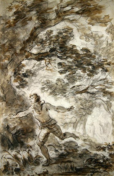 Ruggiero søger Angelica, der har gjort sig selv usynlig (pen & blæk, kridt og vask på papir) af Jean Honore Fragonard