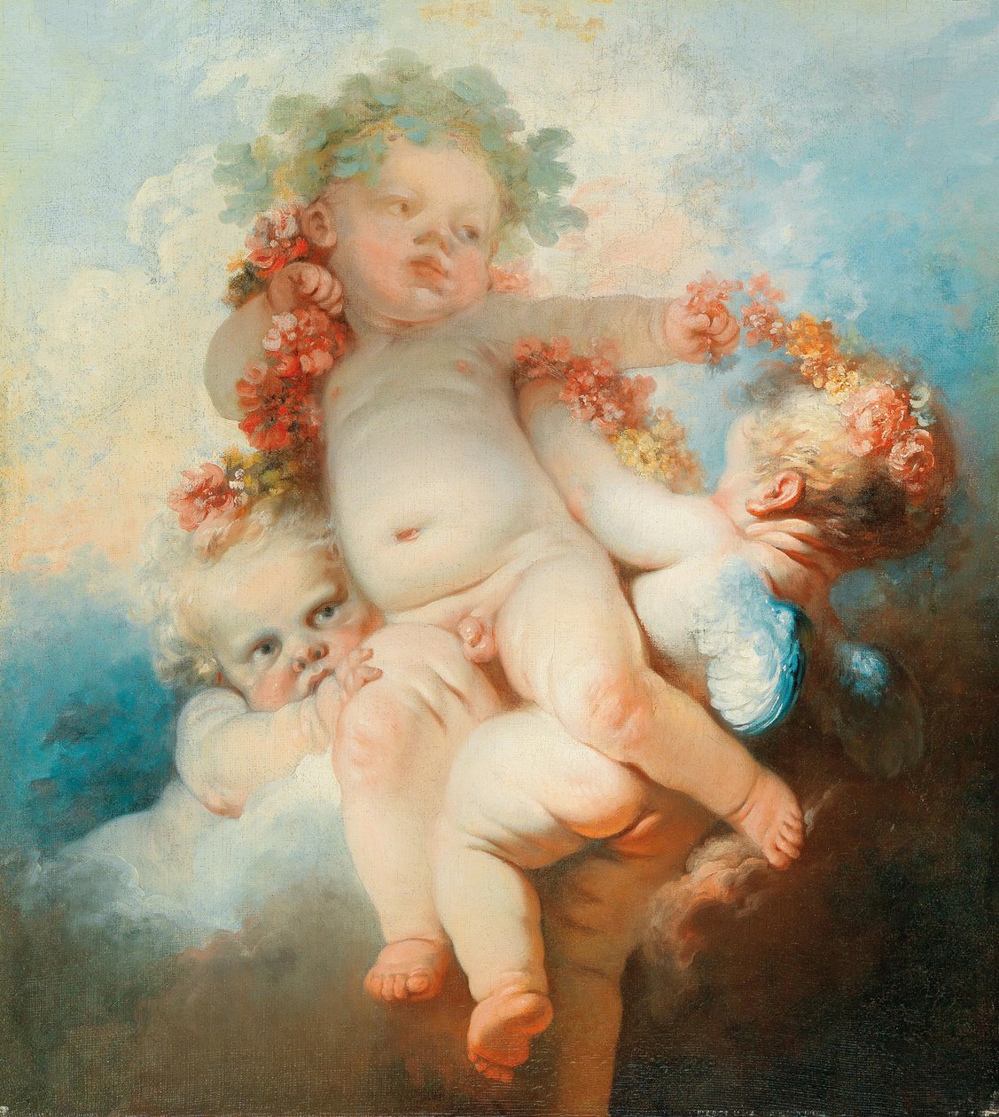 Tre putti omkransede med blomster (olie på lærred) af Jean Honore Fragonard