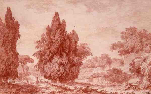 Udsigt over en park (rødt kridt på papir) af Jean Honore Fragonard